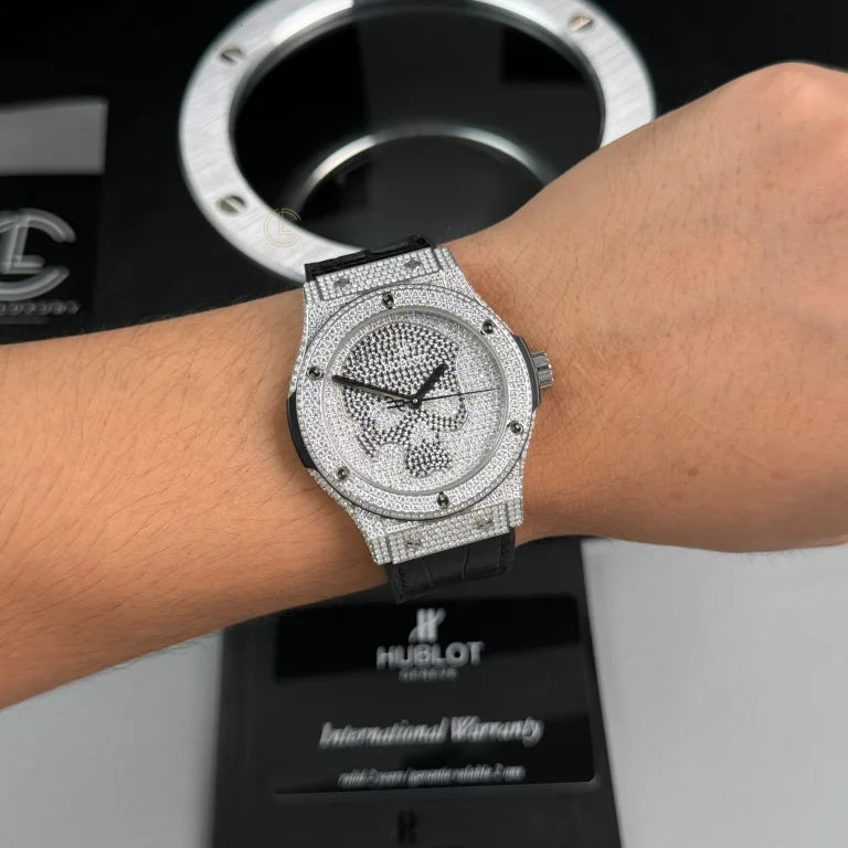 Hublot Classic Fusion SKULL Full Diamonds Moissanite Pave 42mm Black Dial